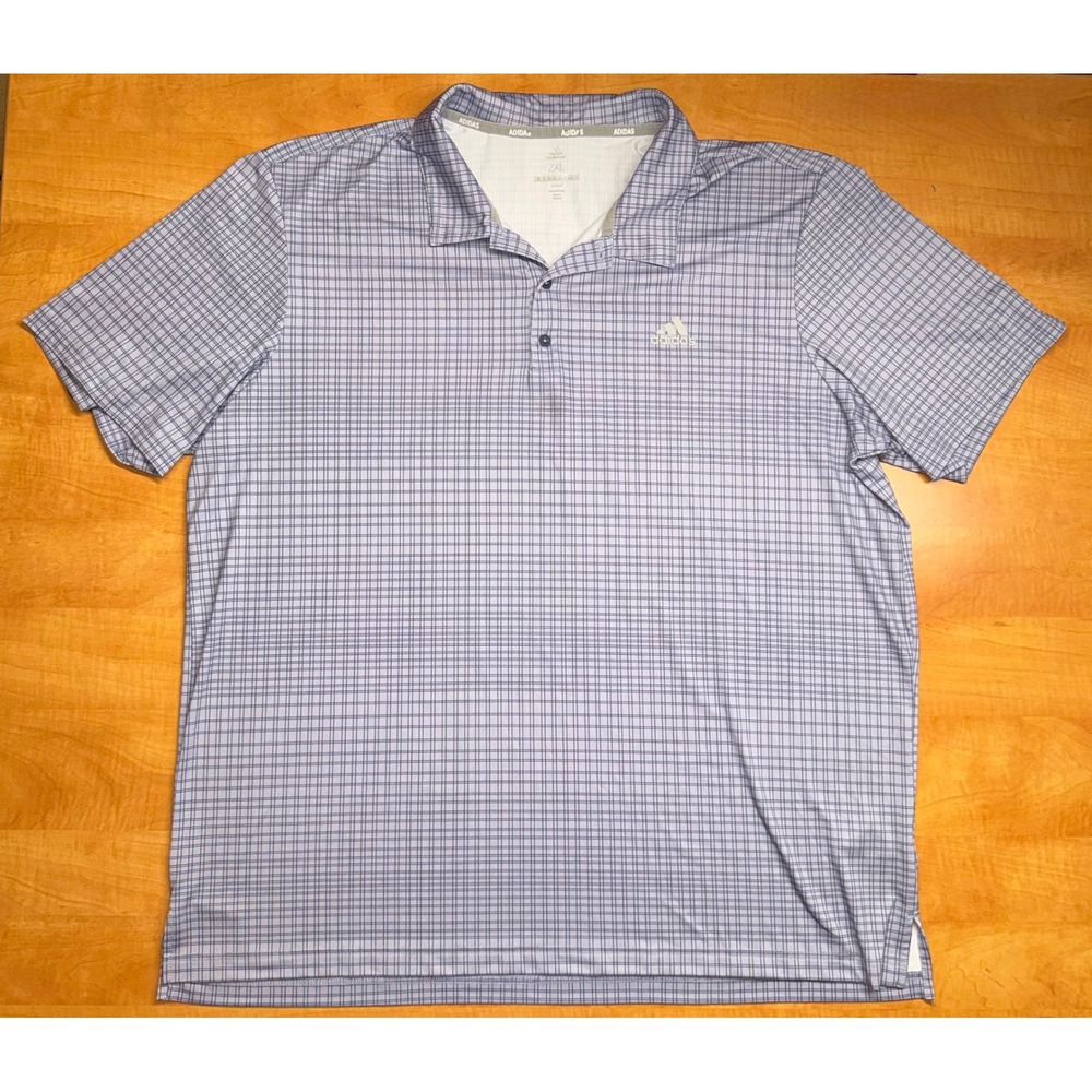 Adidas Golf Mens 2XL Blue Grid Check Performance Polo Shirt Short Sleeve Stretch
